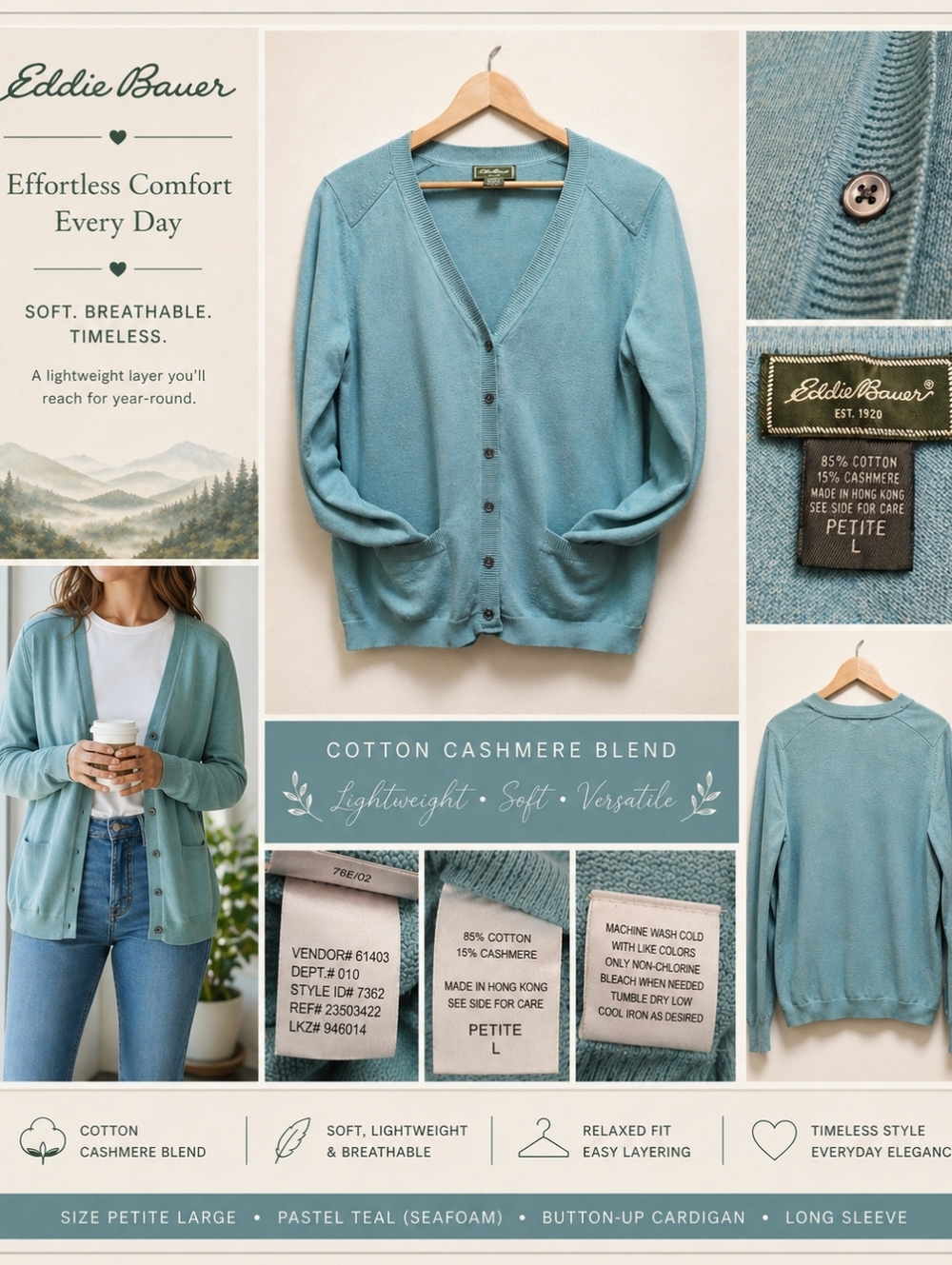 Sz Petite Large Eddie Bauer Knit Button-up Cardigan Cotton Cashmere Blend